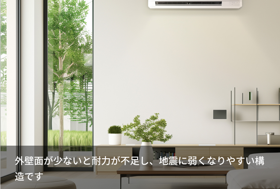 外壁面が少ないと耐力が不足し、地震に弱くなりやすい構造です